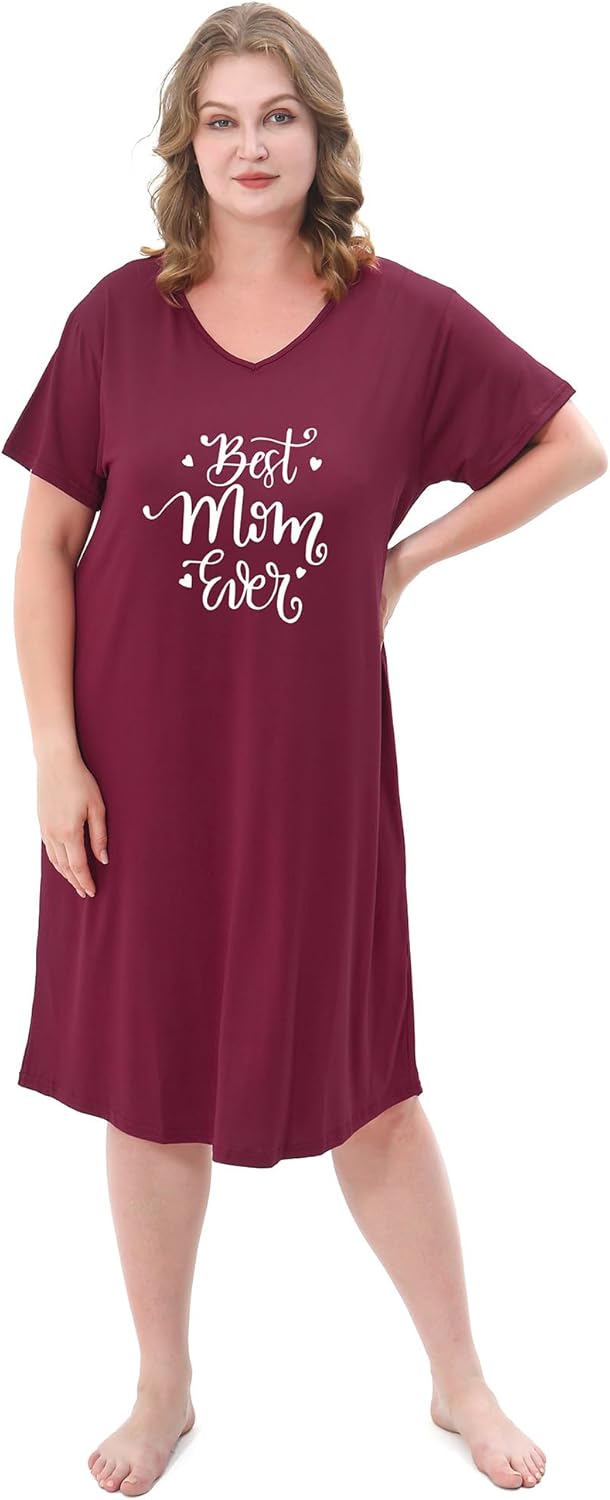 2 Pack Plus Size Nightgown for Women Casual V Neck Nightshirts Print Short Sleeve Sleepwear - Image 2