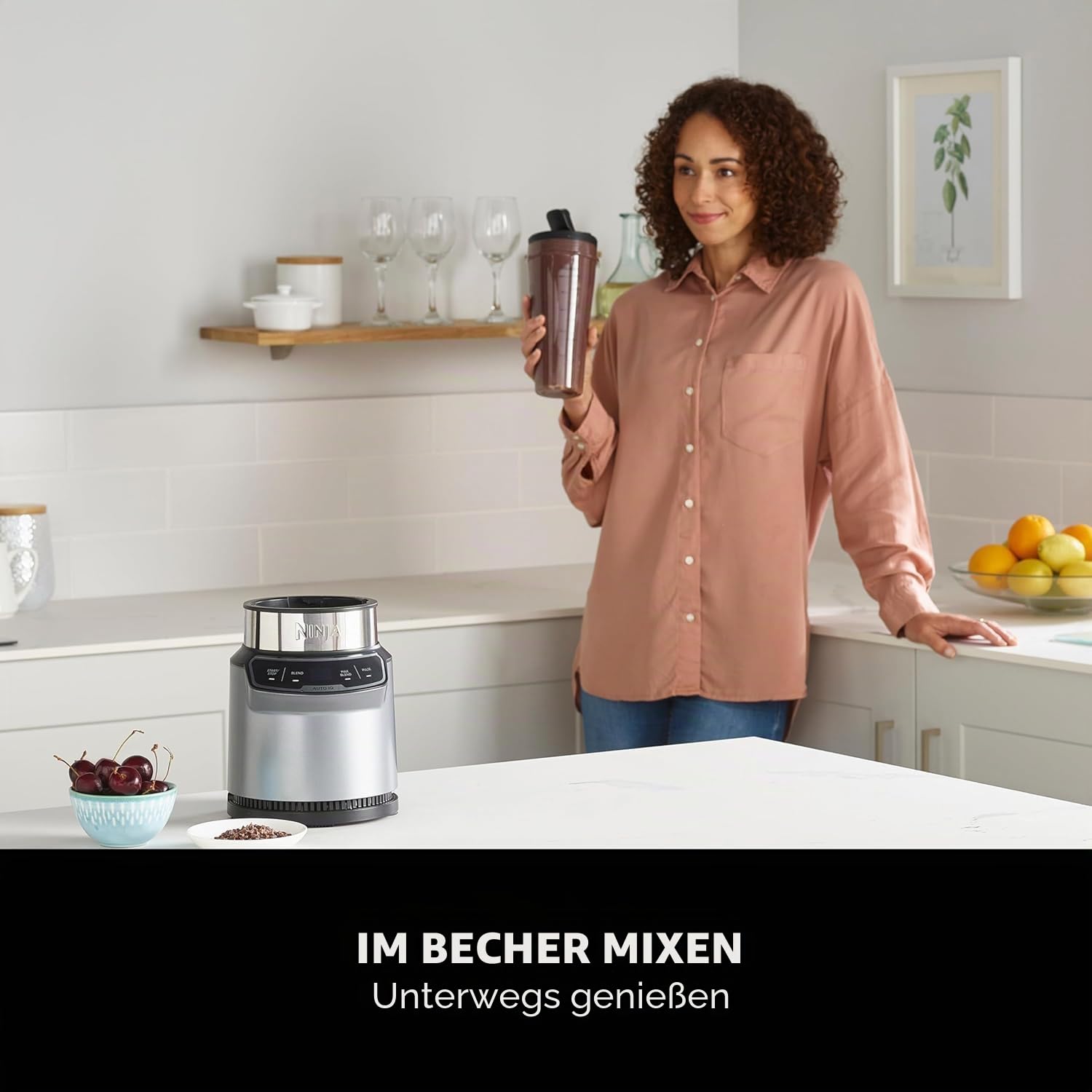 Ninja BN500UK Mixer mit Auto-iQ, Mix-in-Becher, One-Touch-Steuerung, Smoothies, Milchshakes und gefrorene Leckereien, spülmaschinenfeste Teile, Edelstahlklingen, 1000 W, 2 x 700-ml-Tassen, grau/silber