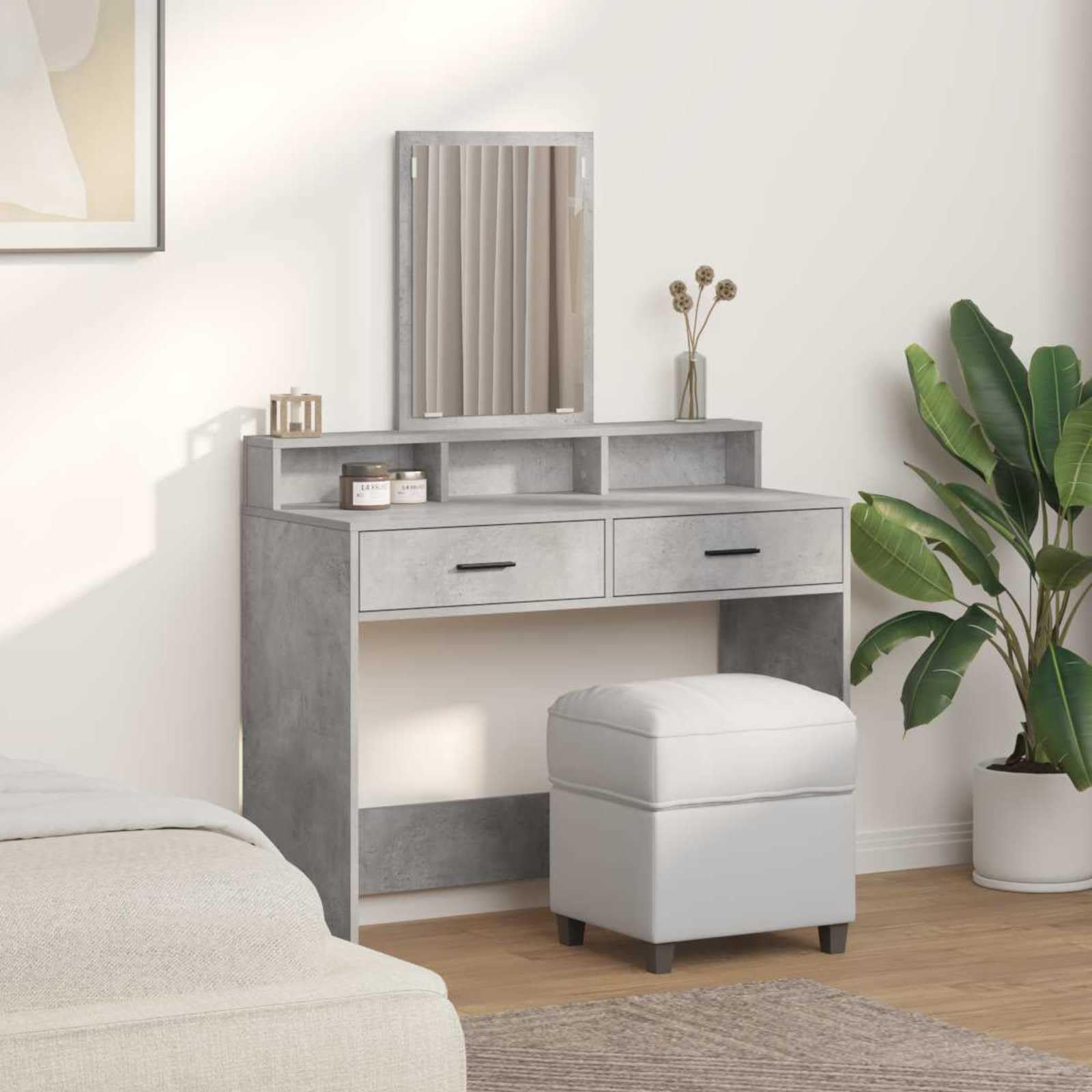 Tocador de hormigón gris de madera 100 x 41 x 140 cm con espejo, 2 cajones y estante para dormitorio, habitación juvenil, habitación de niñas, ahorra espacio y duradero