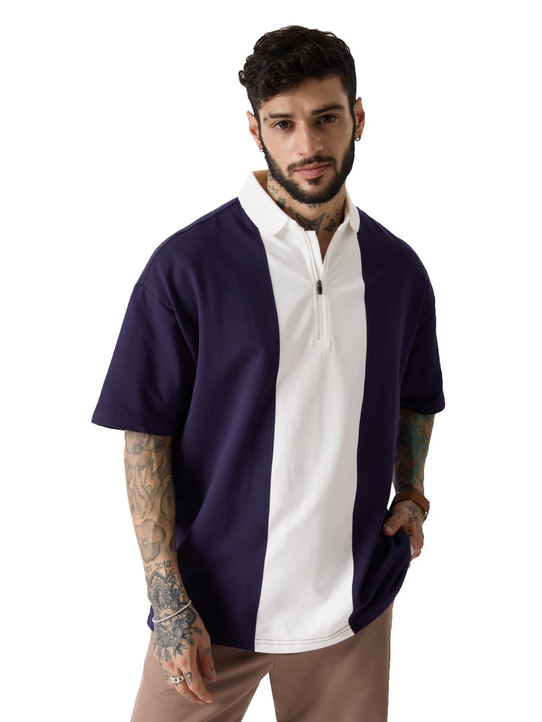 the souled store Solids: White & Berry Colourblock Men and Boys Oversized fit Half Sleeve Cotton Multicolored Oversized Polos-picture-16