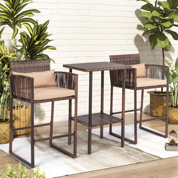 Outdoor 3-Piece Bar Set: 2 Wicker Bar Stools + 1 Bar Table, Patio Bar Height Bistro Set for 2 People, All-Weather PE Rattan Bar Stools, Brown Gradient High Top Table & Stools for Deck, Balcony, Garden