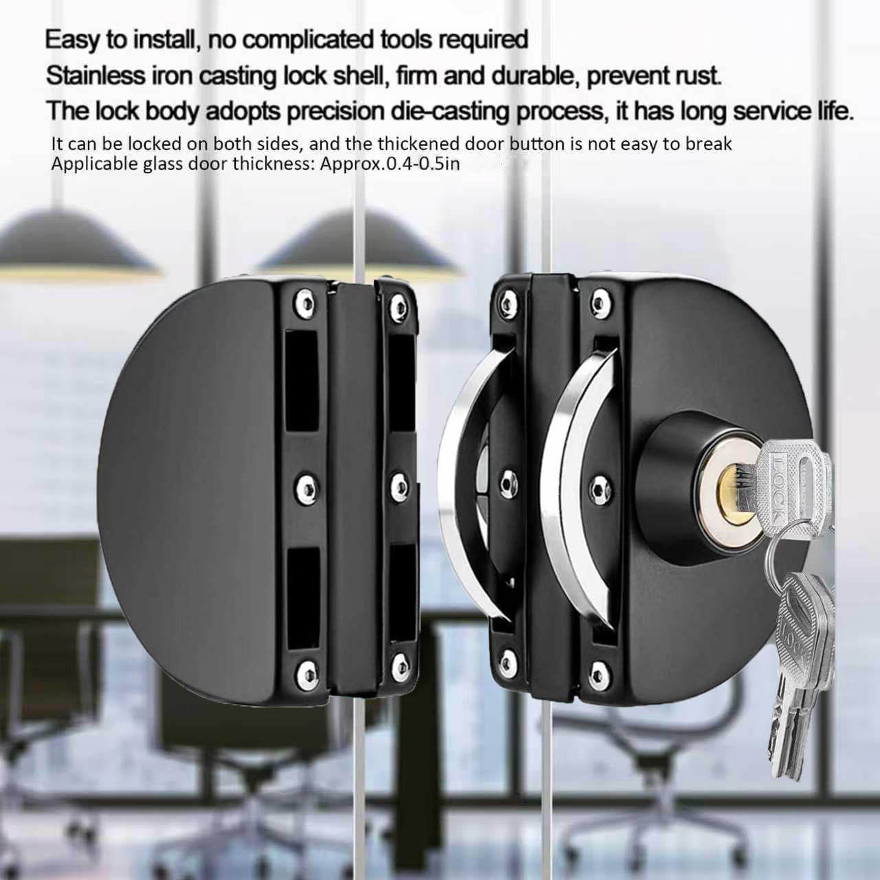 Glass Door Lock with Stainless Steel Double Bolts Swing Push, Double Sliding Door Lock Access Office Door Lock Security with 3 Keys,Fits on 0.39 to 0.47 inch Thickness Glass (Black)