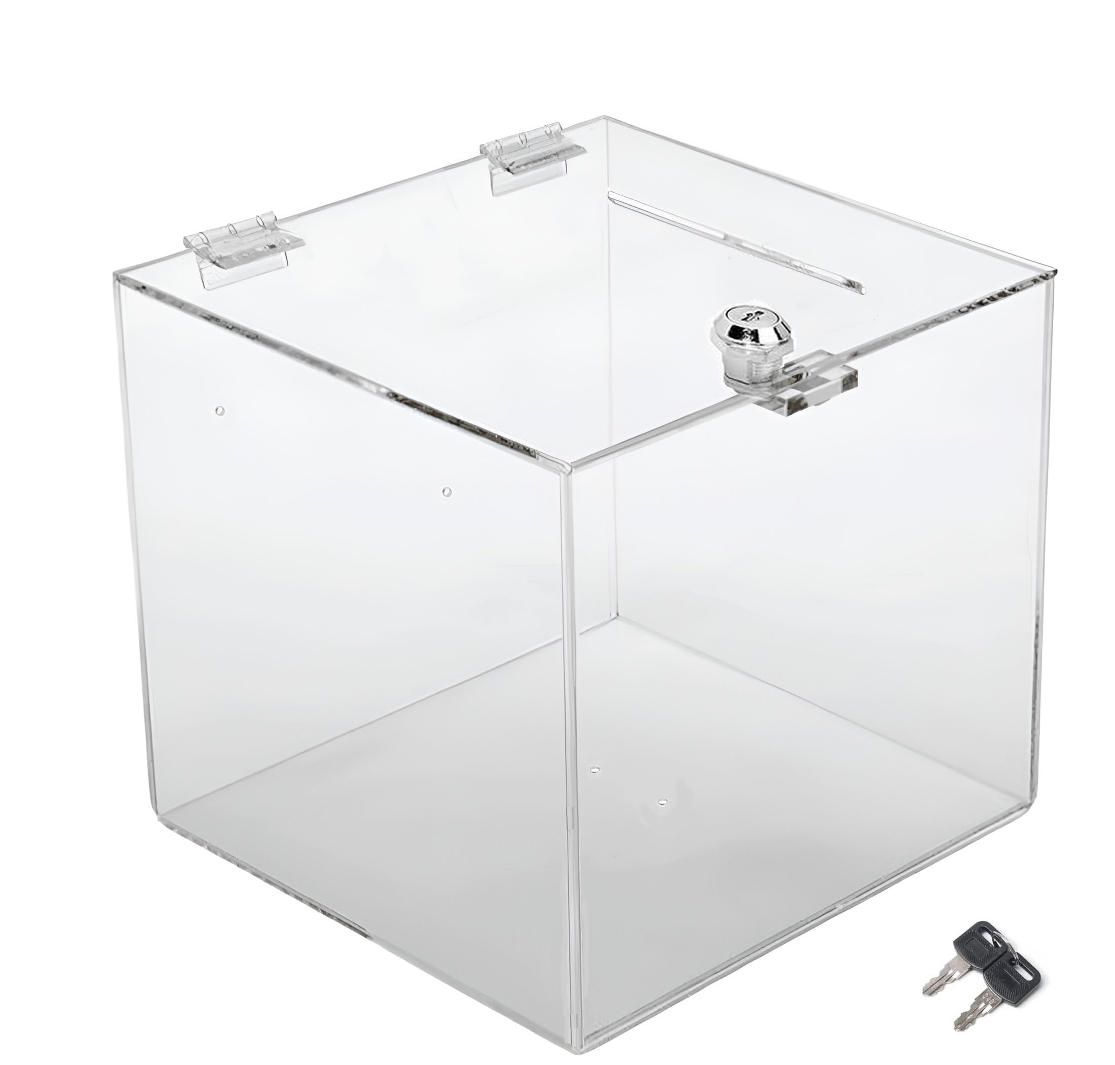 TUKA-i-AKUT Scatola di Donazioni 25x25x25cm, con Serratura, Acrilica Scatola Promozionale, Scatola Della Lotteria, Scatola per Azioni, Urna Elettorale, Cubo in Acrilico, Trasparente TKD8260-25cm