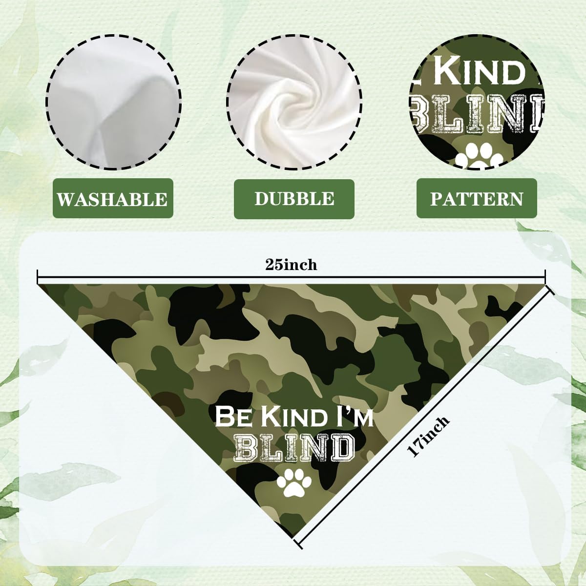 Funny Dog Bandana Be Kind I'm Blind Design, Humorous Puppy Outfit Adjustable Neckwear, Cute Pet Scarf Bib Kerchief for Small Medium Dogs (Camo) image 2