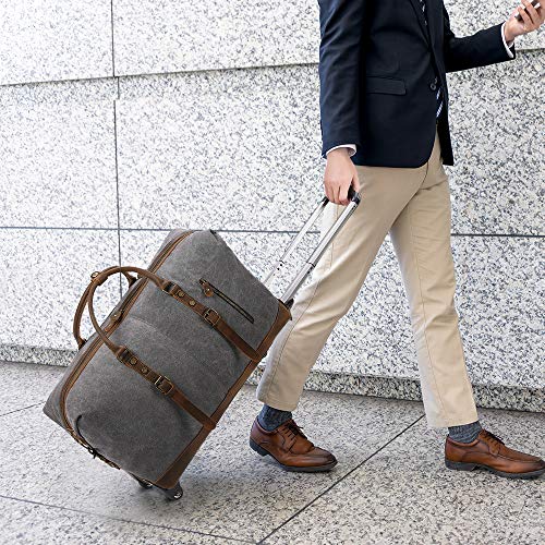 Kattee Rolling Travel Luggage Duffel Bag, 2 Drop Bottom Wheeled, Leather + Canvas, 50L (Dark Gray)
