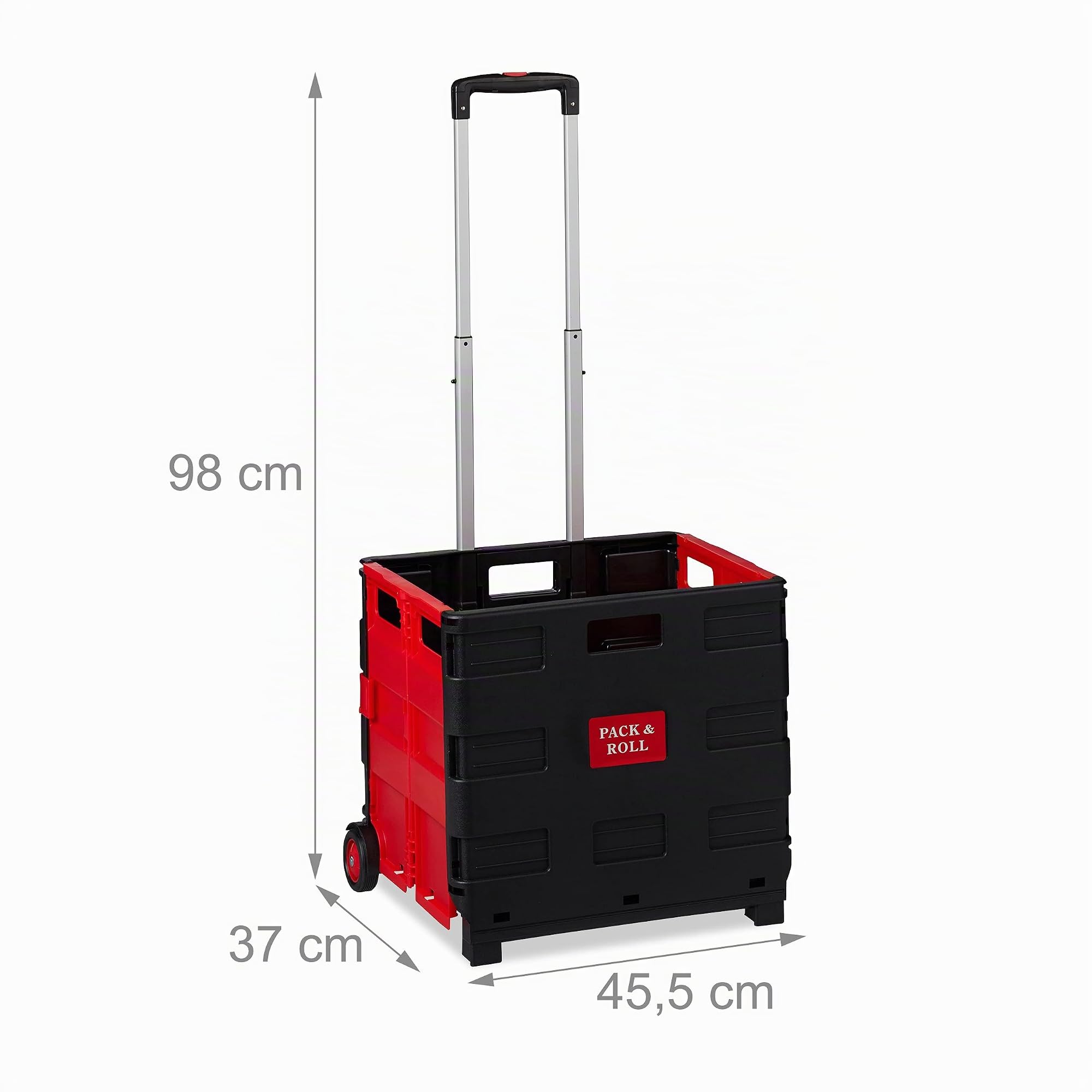 Relaxdays Carrito Compra Plegable, Asa Telescópica, 2 Ruedas, Caja Transporte, hasta 35 kg, Plástico y Aluminio, Rojo
