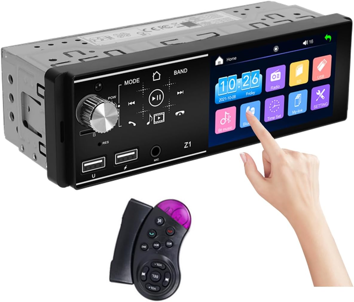 Hikity 1 DIN Car Radio Touch Screen 4.1 Inch Car Stereo with Bluetooth Hands-Free, FM, Steering Wheel Control, iOS/Android Mirror Link, USB Charging AUX-in TF