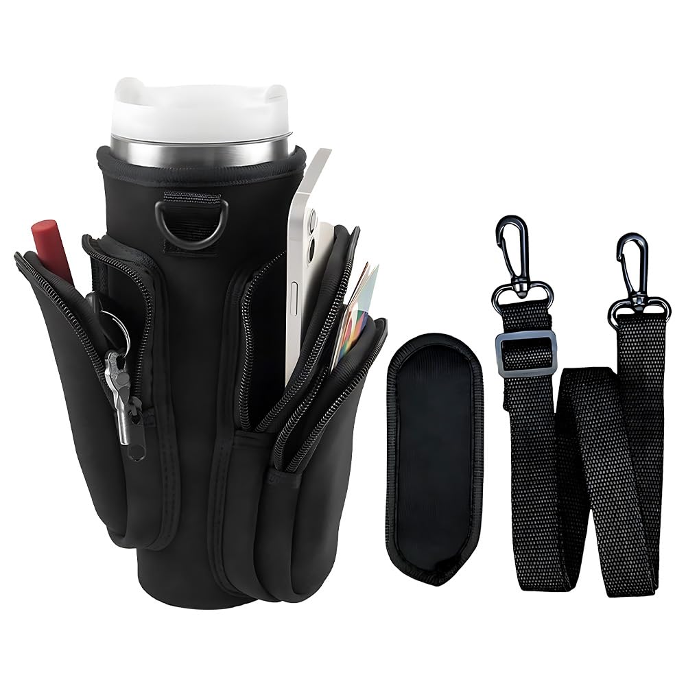 XINGSUI 1 Piece Water Bottle Carrier Bag with Phone Pocket, Bottle Bag for Stanley Cup 40oz, Water Bottles Carrier Bags, Bottles Pouch Holder,with Adjustable Strap,for Hiking,Travelling,Camping(Black)