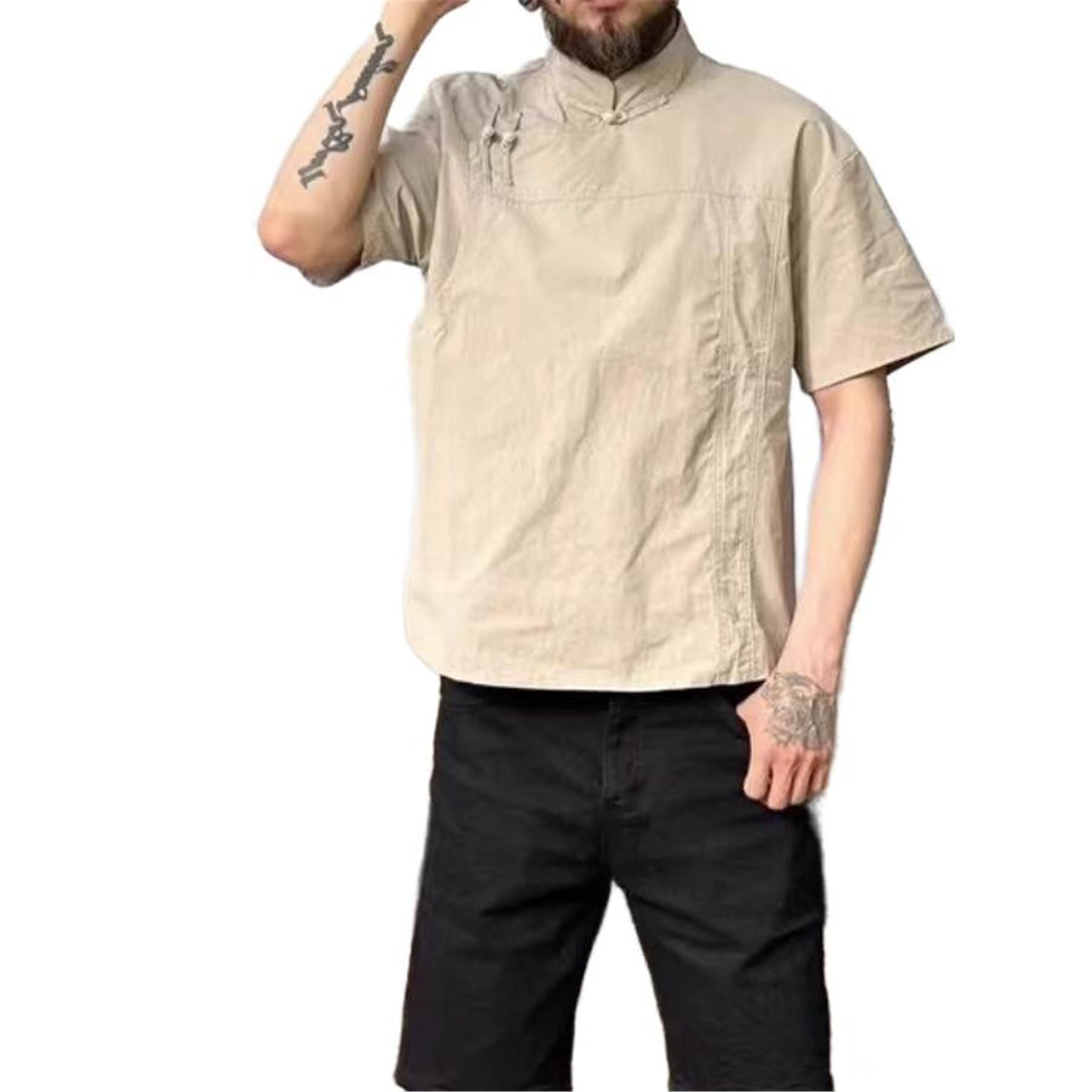 GUOYUXIAO Männer-Chino-Linon-Sieben-Minuten-Arm-Hemd, Sommer-Zen-Stil.