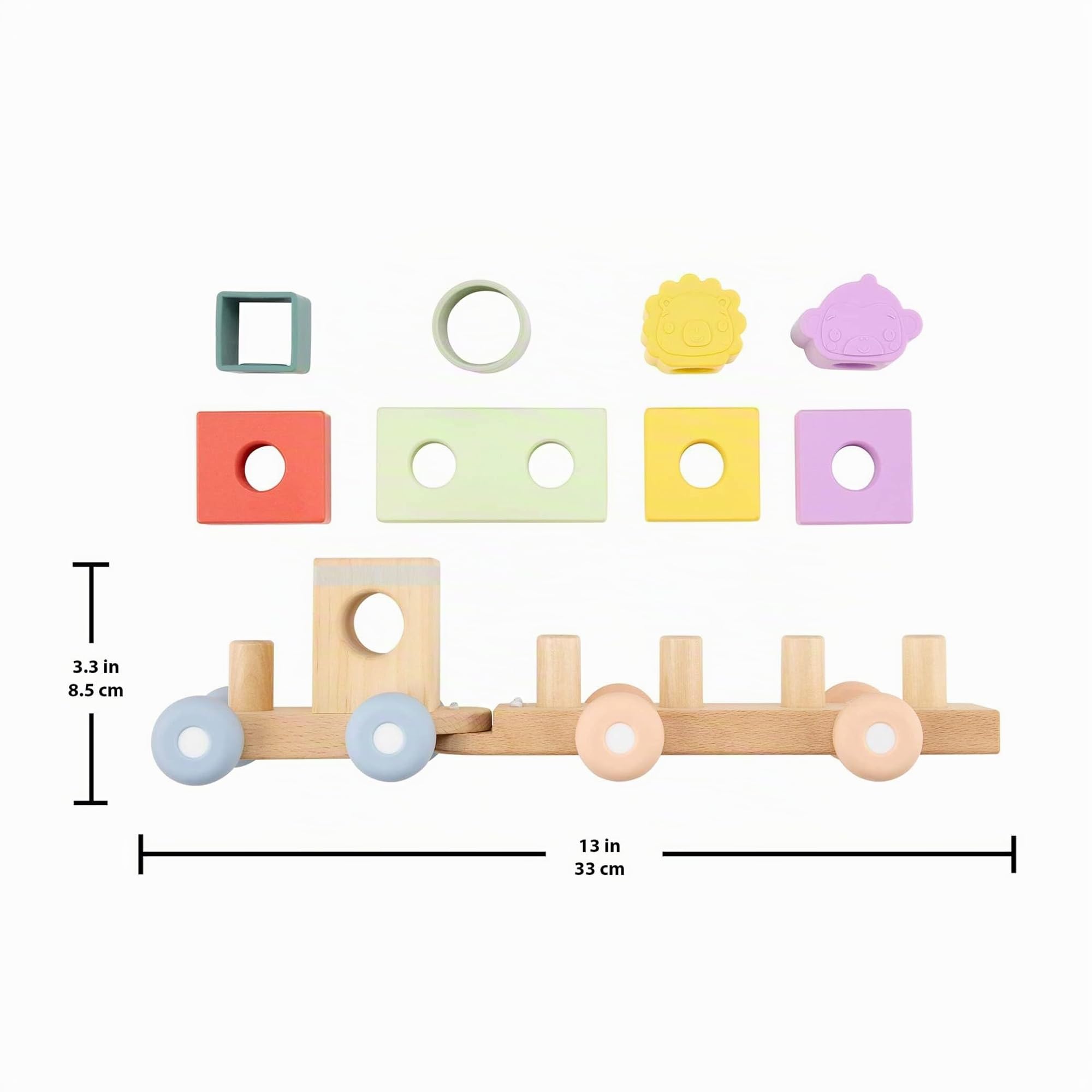 Fisher-Price Tren apilable de Madera para bebé y niño pequeño | Tren para empujar con 4 bloques de madera y 4 formas de silicona; desarrolla la motricidad fina y gruesa; +9 meses, JKH08