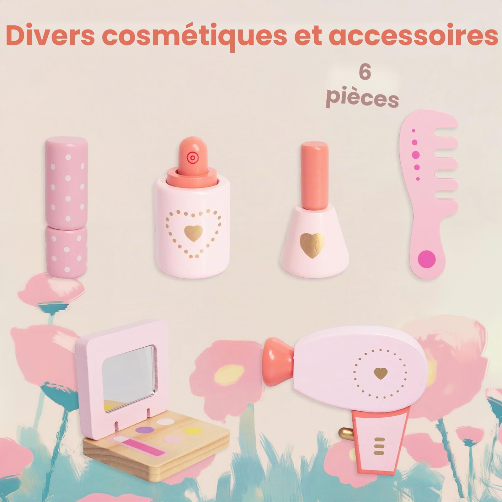 WOODENFUN Coiffeuse en bois pour fille avec 7 pièces, tiroir miroir acrylique rotatif à 360°, coiffeuse rose pour enfants