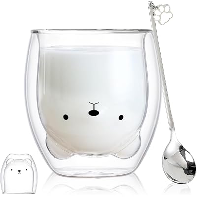 Binoster Bear Cute Mugs Kawaii Double Wall Glass Coffee Tea Mill Yogurt Cup Funny Novelty Gift for Women Her Friends Office Birthday Christmas