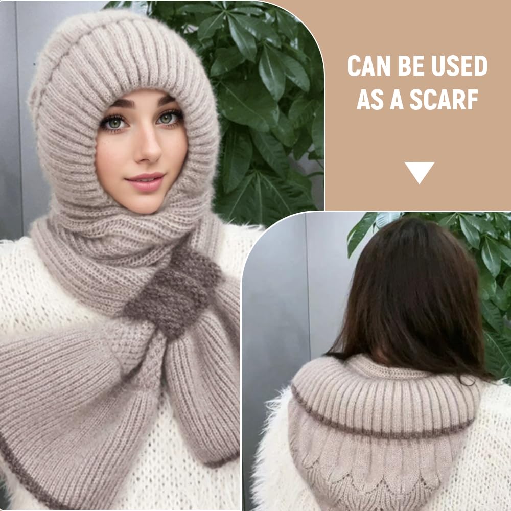 YAUNJI Integrated Ear Protection Windproof Cap Scarf, 2024 New Winter Versatile Knitted Hooded Scarf for Women (US, Numeric, 0, Gray)
