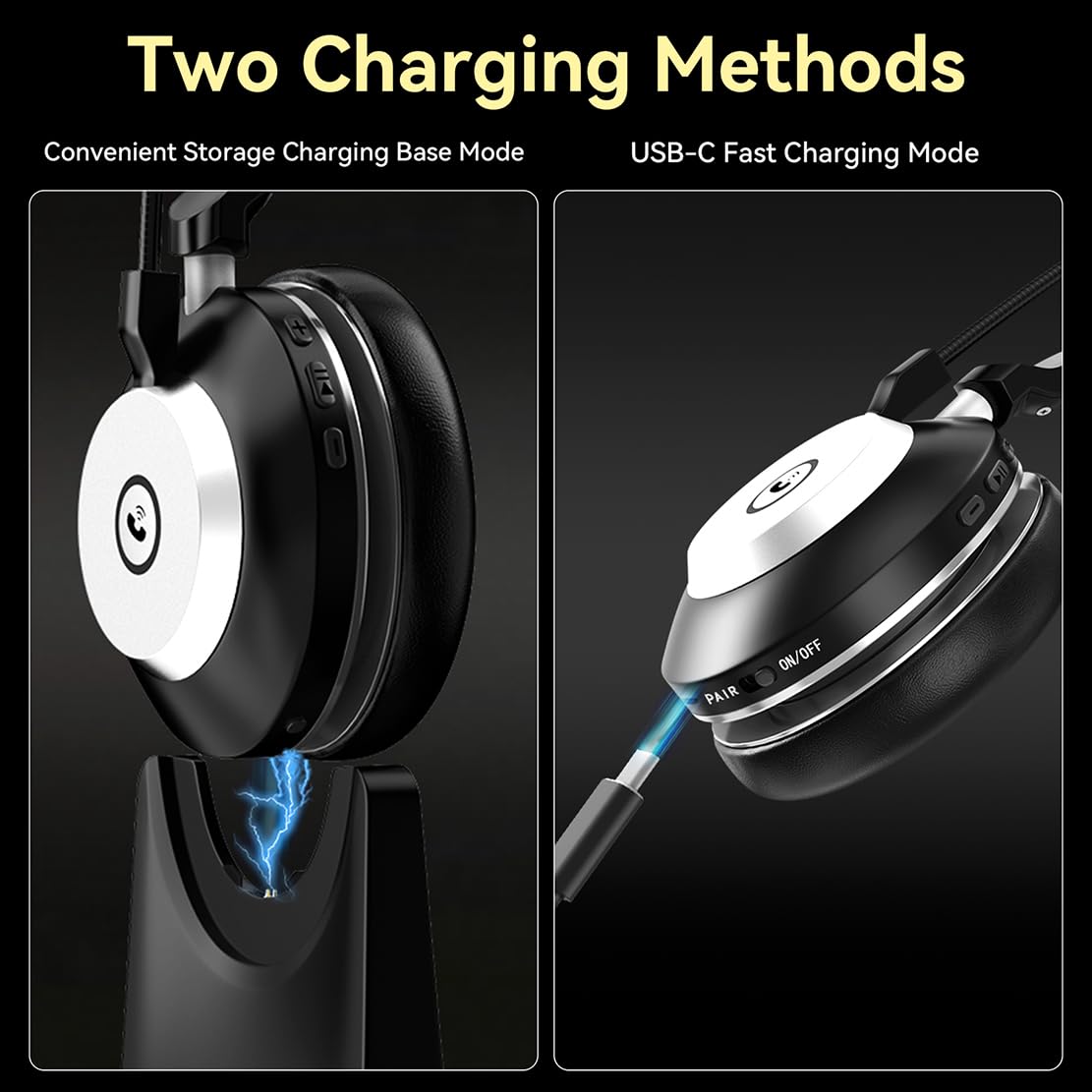Wantek Cuffie Bluetooth V5.2 con microfono, cancellazione rumore, dongle USB, base ricarica, pulsante muto per PC e telefoni cellulari