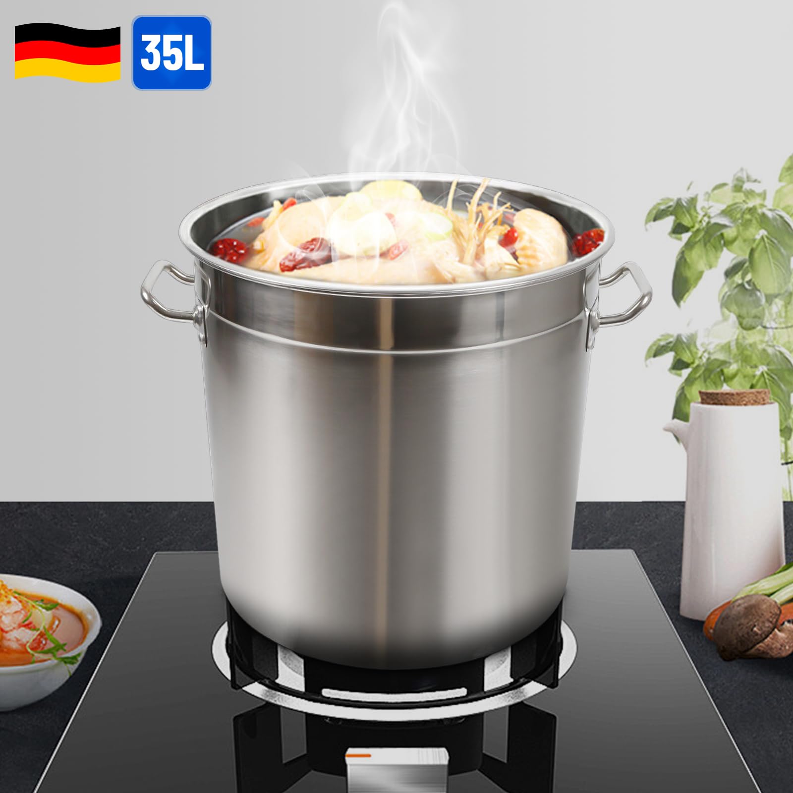Olla grande de acero inoxidable de 35 litros, diámetro de 37 cm x 36 cm, olla universal para inducción, cacerola, cacerola, cacerola, cacerola de acero inoxidable, para todo tipo de cocinas y cocinas
