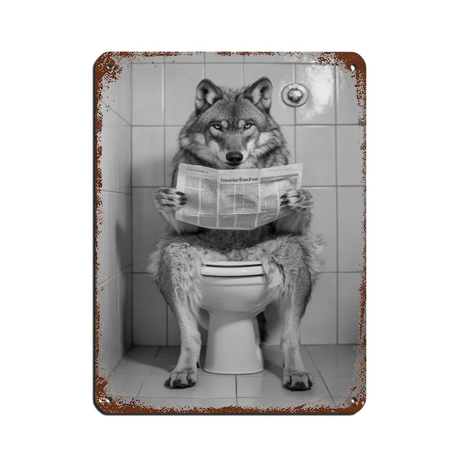 Wolf Sitting on The Toilet Reading A Newspaper Tin Sign Vintage Metal Pub Club Cafe Bar Home Wall Art Decoration Poster Retro 12x16inch(30x40cm)