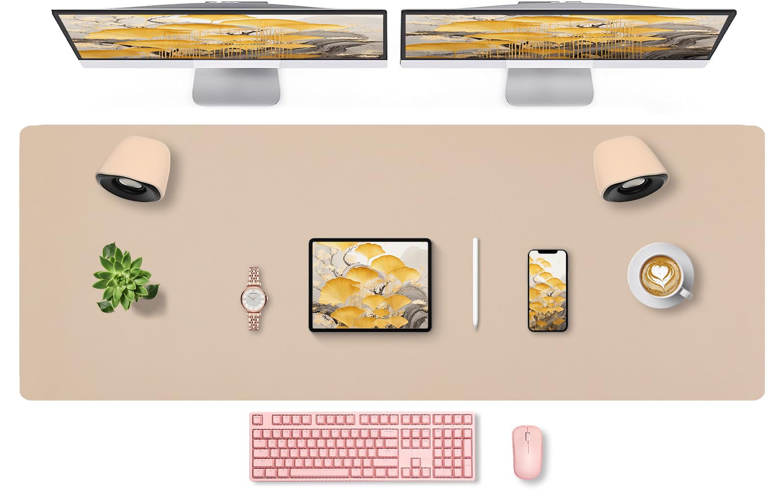Bloss Extra Large Leather Desk Ma, 47.2" x 16.9" Non-Slip Dressing Table Cover Protector, Waterproof Student Study Desk Mat, Home Office Decor - Beige