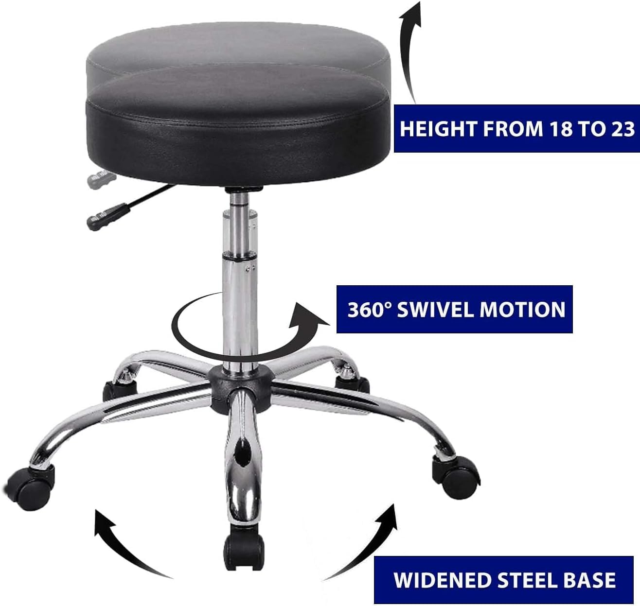 Taburete con ruedas giratorio de 360 grados, altura ajustable, 47 – 60 cm, silla de trabajo, silla de oficina, taburete acolchado, 150 kg de capacidad de carga
