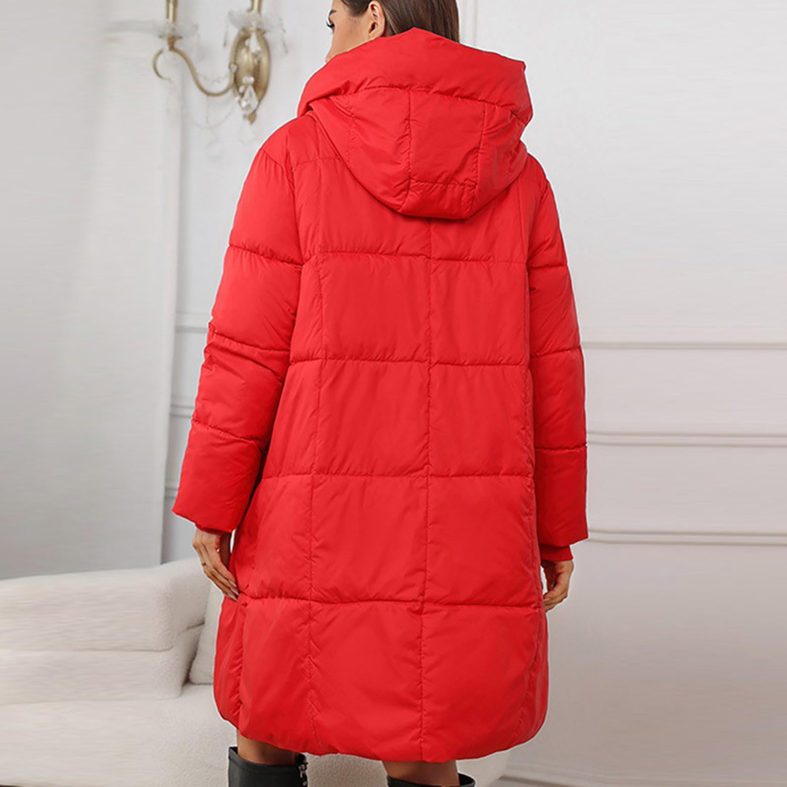 Winterjacke Damen Lang Wintermantel Steppjacke Warmer Daunenjacke Fleecejacke Elegant Parka mit Kapuze Winterparka Einfarbig Hoodie Reißverschluss Jacke Baumwolle Mantel Winddicht Outdoorjacke