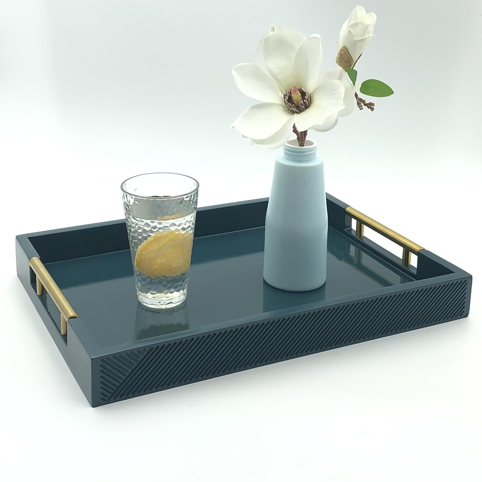 Bandeja para Servir con Asas de Metal Pulido, Bandeja Rectangular de 16.5 x 12 Pulgadas, Bandeja Decorativa Moderna, Bandeja otomana Grande, Almacenamiento y exhibición (Verde Azulado)