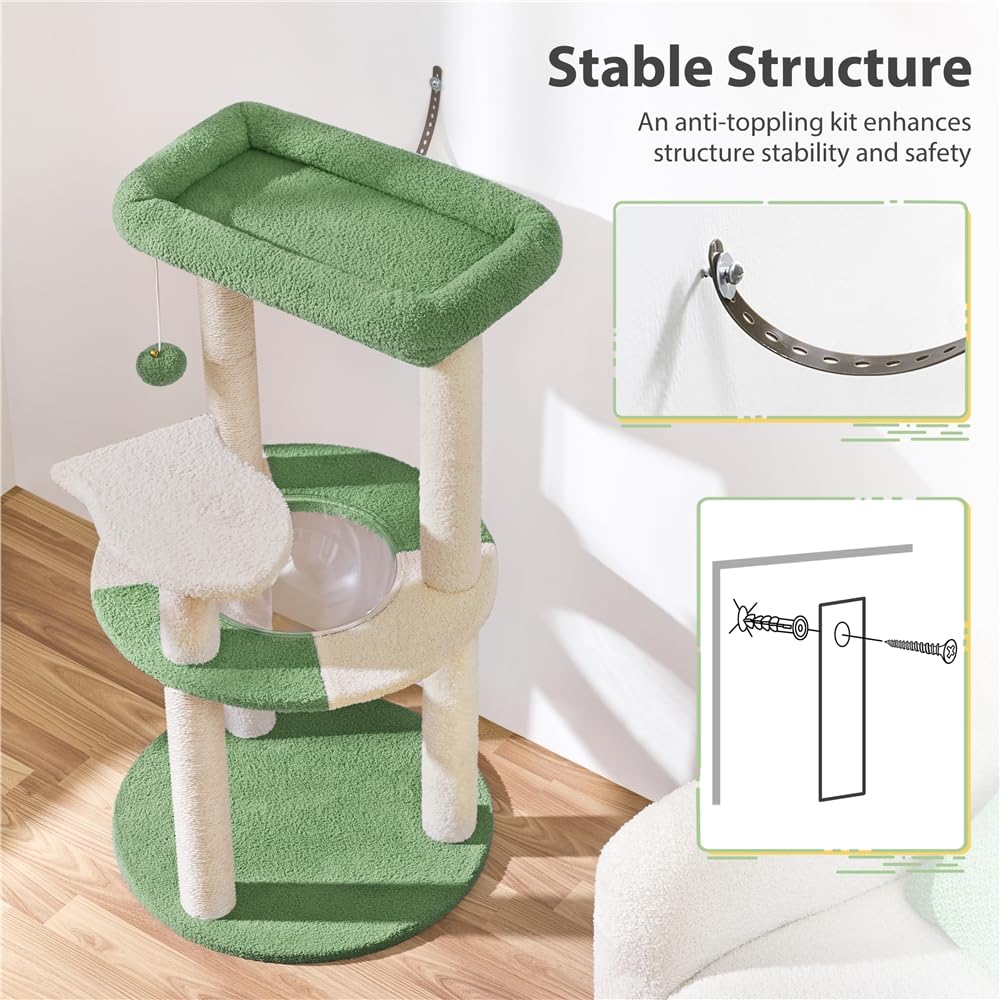 Tiragraffi per Gatti Albero Alto 90 cm con Trespolo Palla Giocattolo Tana Trasparente Torre Gatto Verde e Beige