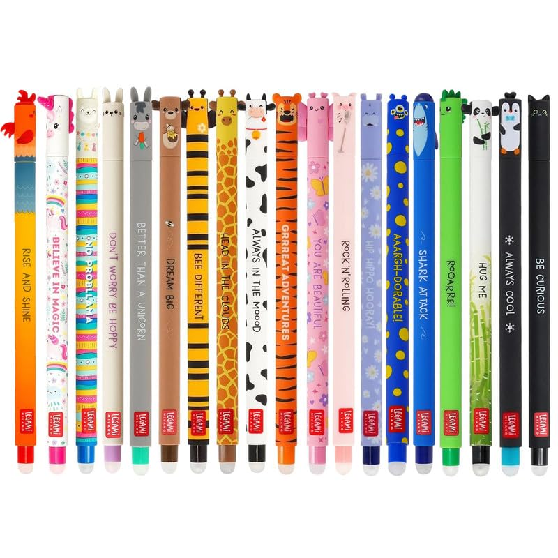 LEGAMI Lot de 19 Stylos gel effaçables avec encre thermosensible, gamme de couleurs d’encre, forme conique, pointe de 0,7 mm, modèles animaux
