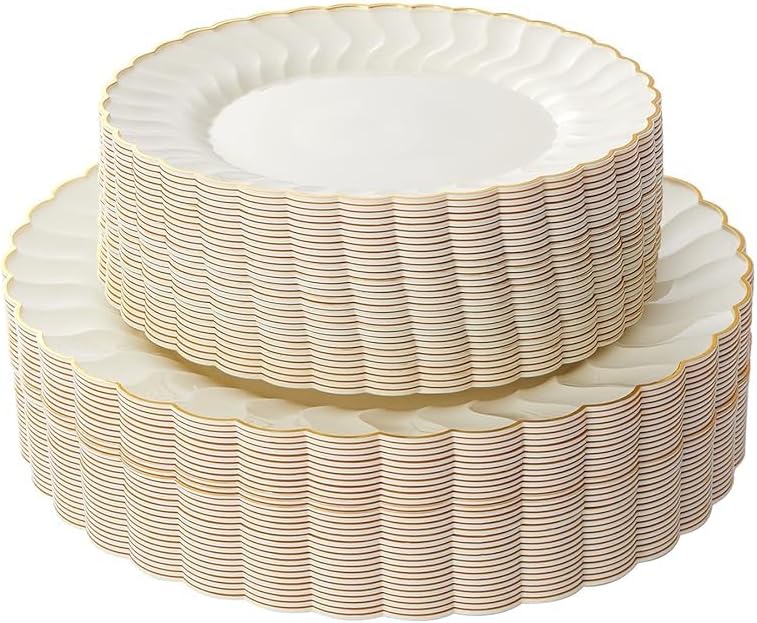 Lullaby 96PCS Ivory Scalloped Plastic Plates with Gold Rim, Disposable Elegant Plates Include 48pcs Dinner Plate 10.25", 48pcs Dessert Plate 7.5", Perfect for Daily Use, Wedding and Party Ivory-96pcs