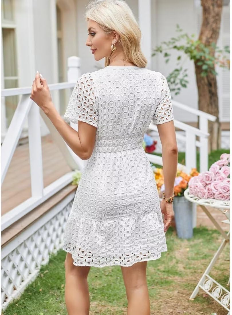 Womens 2026 Dress V Neck Short Sleeve A Line Hollow Out Lace Ruffle Casual Beach Party Mini Cute Dresses - Image 4