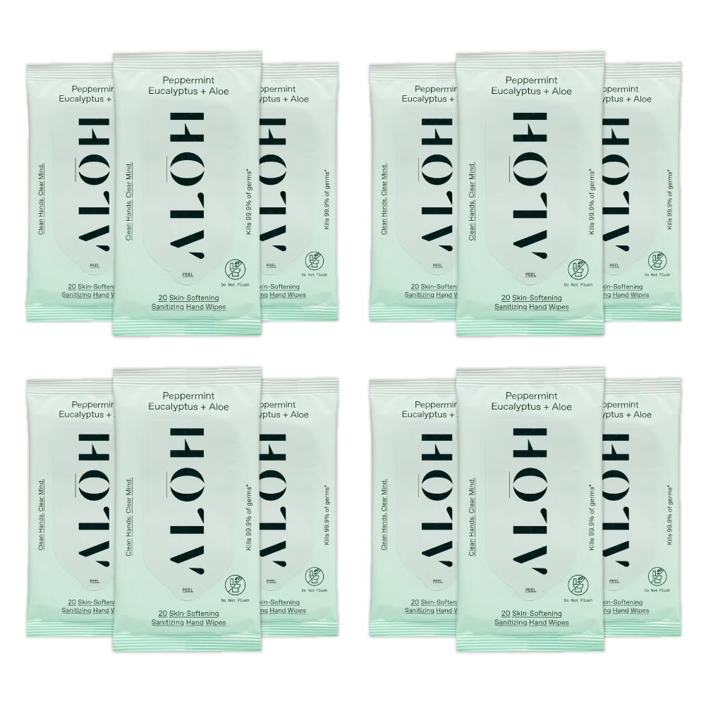 ALO Skin- Softening Sanitizing Hand Wipes- Eucalyptus Peppermint + Aloe, 20 count wipes (12 Pack)