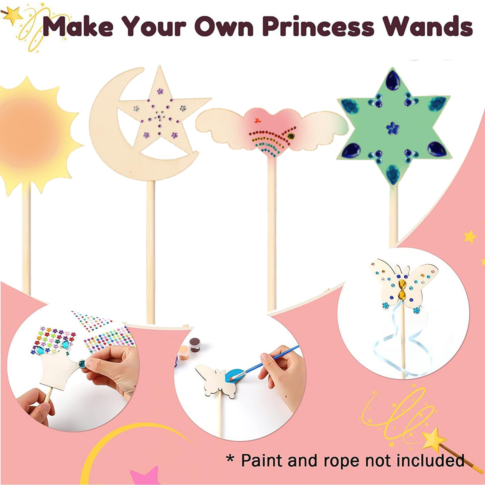 Kit De 18 Varitas Mágicas De Madera Para Manualidades Infantiles – Formas De Estrella, Luna Y Corazón – Perfectas Para Fiestas De Princesas, Cumpleaños Y Regalos Creativos Para Niñas