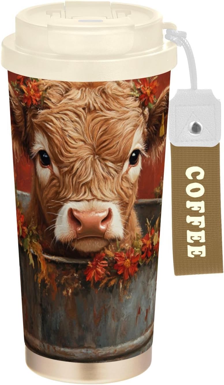 Insulated Coffee Mug Highland Cow Red with Straw & Flip Lid, 16.9oz Iced Tumbler Cup, Double Wall Vacuum Mug for Travel Office Camping