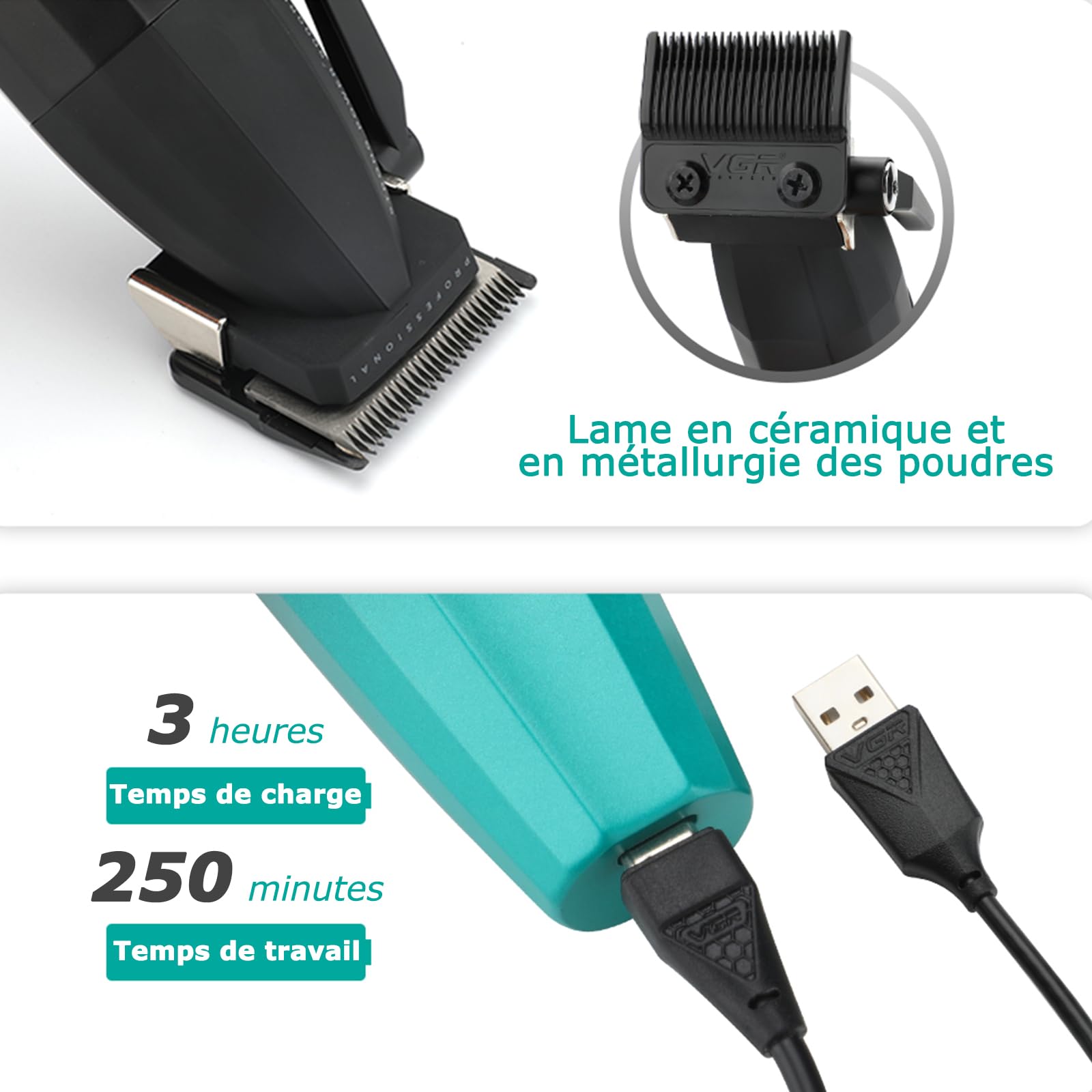 VGR 003 Fresh Fade Tondeuse Cheveux Hommes Professionnel, Boîtier Métallique et Moteur Puissant à 9000 TR/MIN, Tondeuse à Cheveux Sans Fil, Lames en Céramique, Affichage LED, Recharge USB, Vert