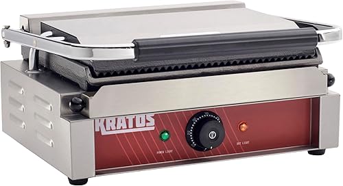 Kratos 29Y-022 Parrilla Panini comercial de una sola encimera, placa de 14 x 9 pulgadas, parte superior ranurada y placa inferior lisa