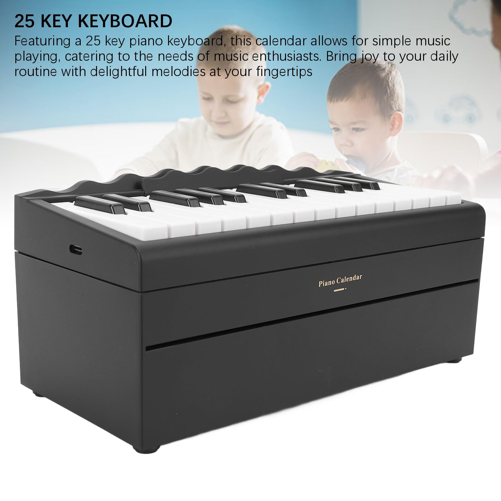 Fabater Spielbarer Klavierkalender, 25 Tasten, Einstellbare Lautstärke, 1000 MAh, Wiederaufladbare Handkurbel, Klavier-Tischkalender mit 27 Karten für 2025 Schreibtisch-Organizer (BLACK)