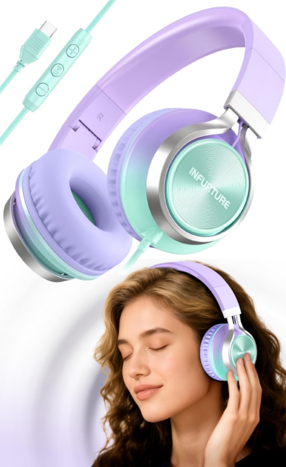 INFURTURE Kopfhörer USB C Kopfhörer mit Kabel Noise Cancelling Kopfhoerer Over Ear, Leicht Kopfhörer für Schule/Reisen/iPhone