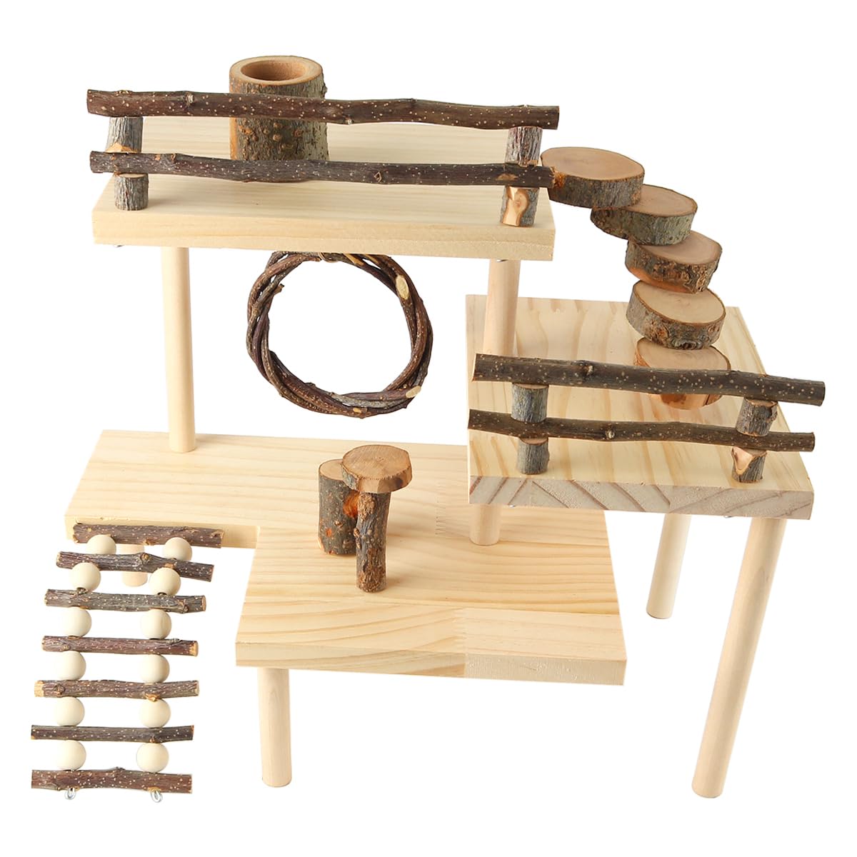 Alnicov Wooden Hamster Cage Platform Climbing Playground with Bridge Natural Habitat Climbing System for Dwarf Hamsters Syrian Hamsters and Gerbils
