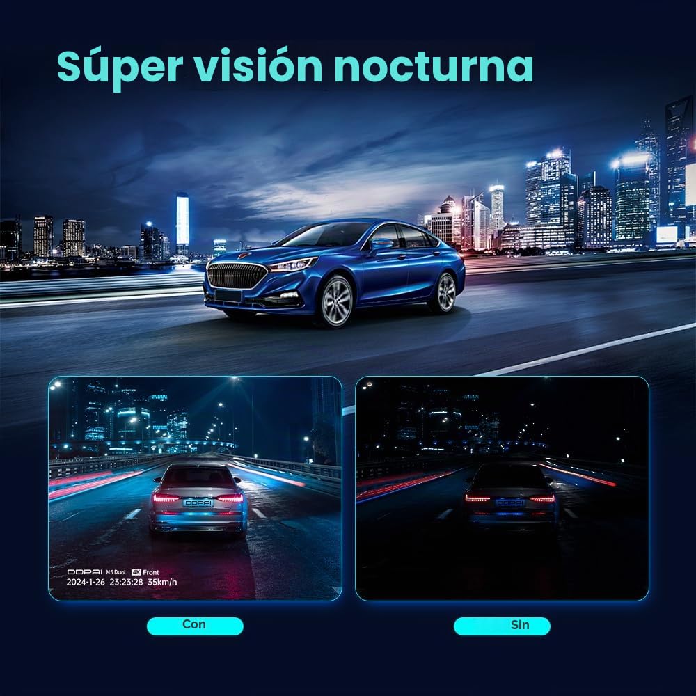 DDPAI N5 Dual Dashcam Coche 4K+1080P, Gratis 128GB Tarjeta + 32GB eMMC Integrada, Super Visión Nocturna, 5G WiFi, GPS, Modo Estacionamiento 24h, G-Sensor, Grabación en Bucle, Control por App