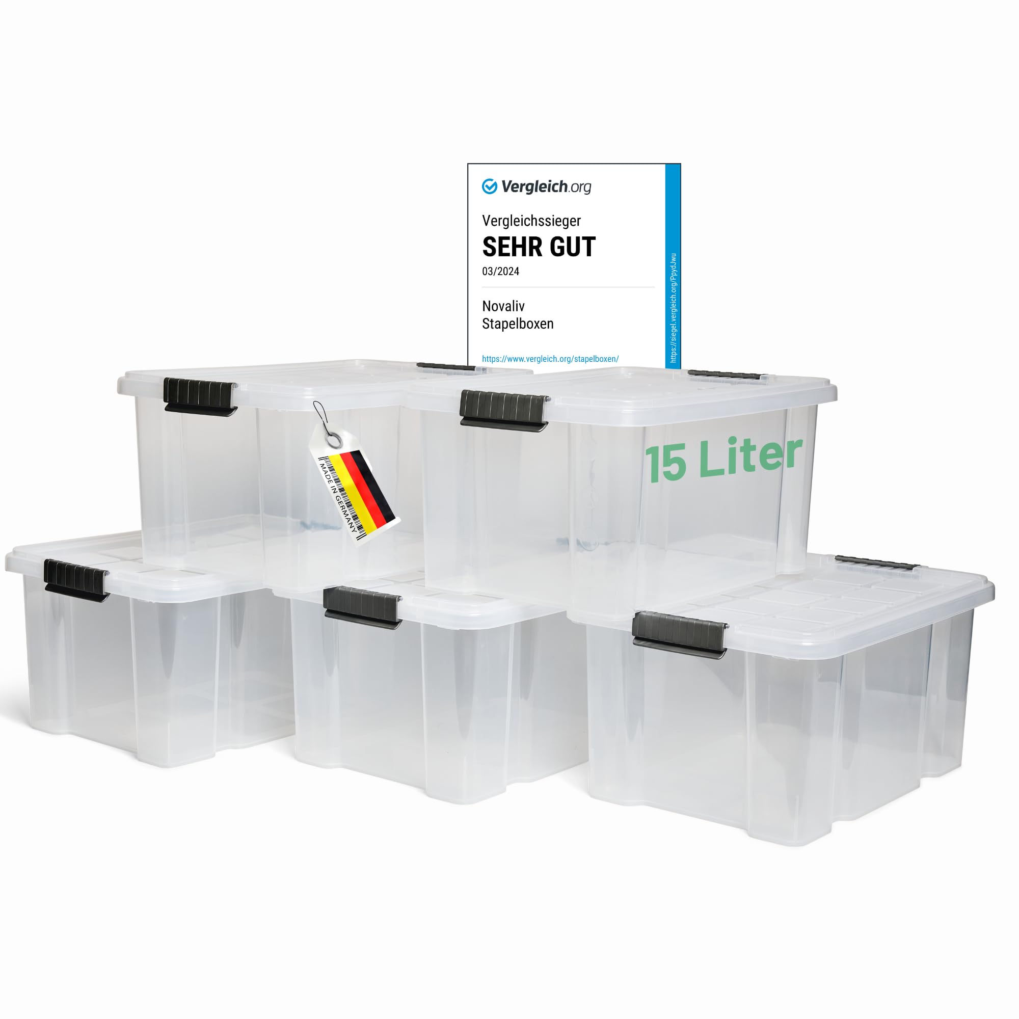 Novaliv 5 scatole portaoggetti con coperchio, 15 l, trasparenti, impilabili, con chiusura a clip, in plastica, senza BPA, 41 x 29 x 20 cm