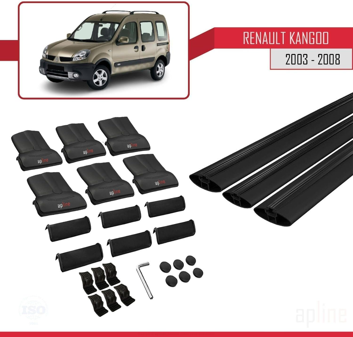 Compatible with Renault Kangoo (X76) Post-Facelift 2003-2008 Fly Model Car Roof Rack Cross Bar Black Aluminium 3 Bars