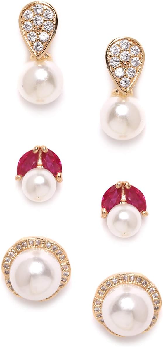 Women's Base Metal Cubic Zirconia Diamonds & Pearls Gold, Pink Contemporary Stud Earrings For Women-Zpfk9745, Combo Of 3,