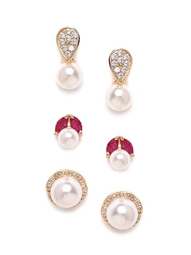 Zaveri Pearls Combo of 3 Cubic Zirconia Diamonds & Pearls Contemporary Stud Earrings For Women-ZPFK9745