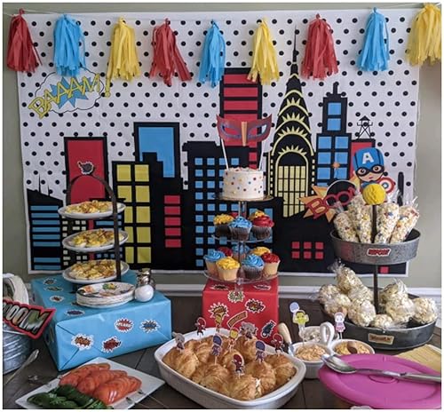 Art Studio 8X6Ft Superhero Super City Photography Backdrops Skyline Buildings City Boom Photo Background Children Birthday Party Banner Photo Studio Booth Cake Table Decor #TOP4
