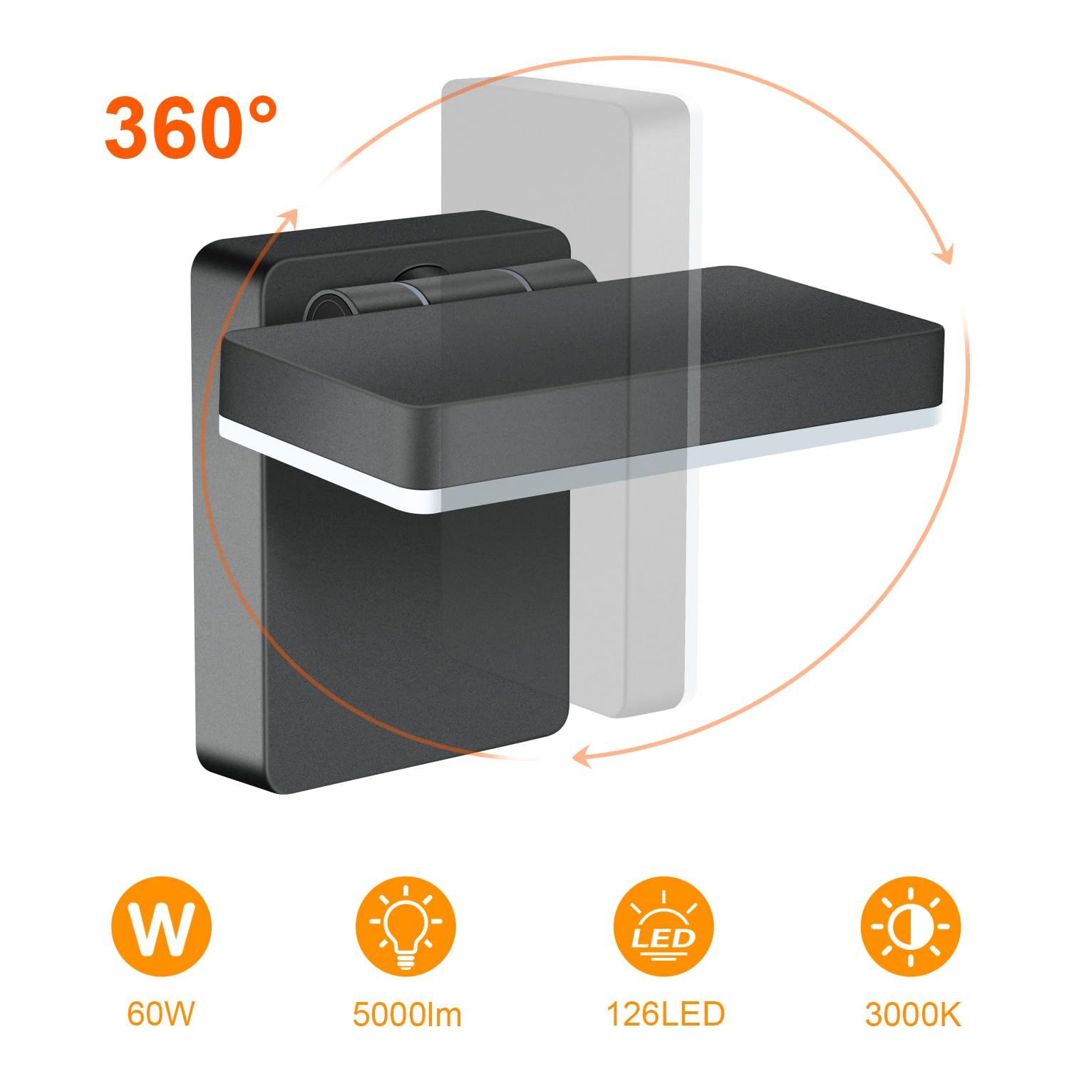 ledmo 60W Applique Da Parete Interno/Esterno 5000 Lumen Faretto LED Da Esterno Con Pannello LED Rotante a 360° 3000K Lampade da Parete Moderno Impermeabile IP65 per Ingresso Terrazza Corridoio