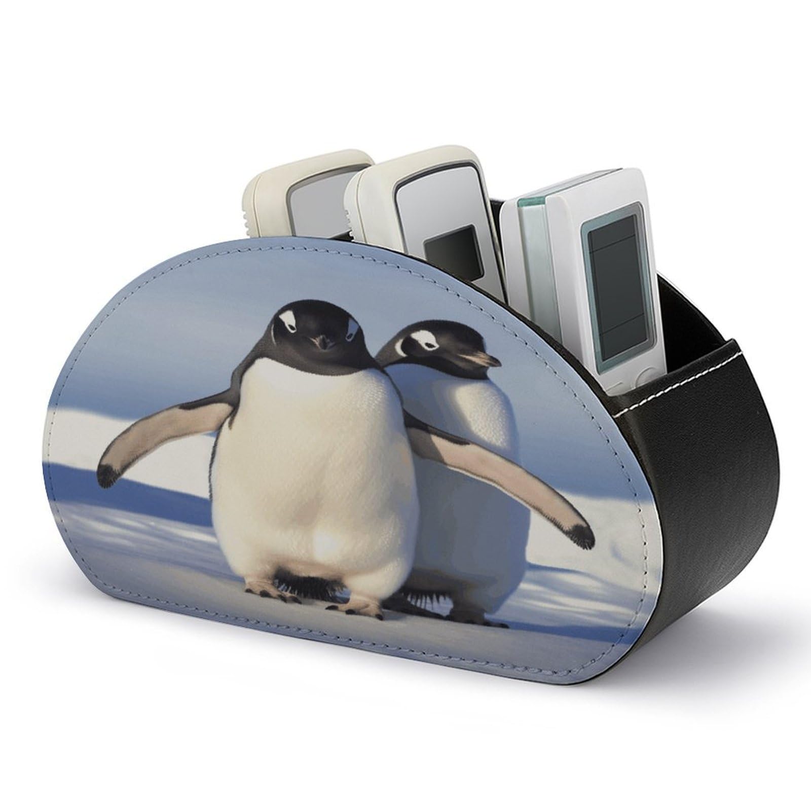 FekiLoot Cute Penguin Remote Control Holder with 5 Compartments Multi-functional TV Remote Caddy Organizer Leather TV Remote Holder Desktop Organizer Store for Bedside Table Office Desk