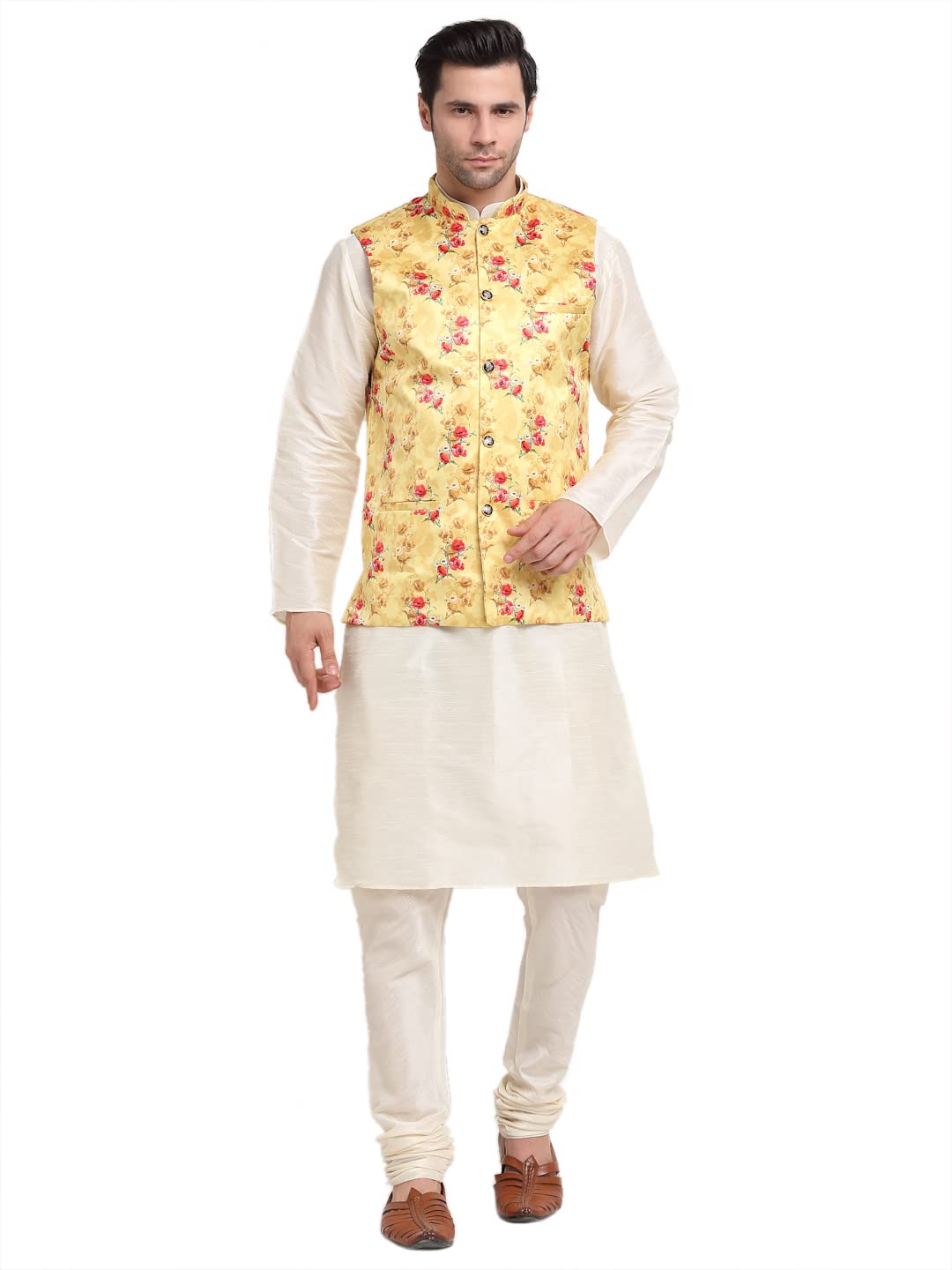 Men Cream Kurta Churidar With Satin Nehru Jacket-image-43