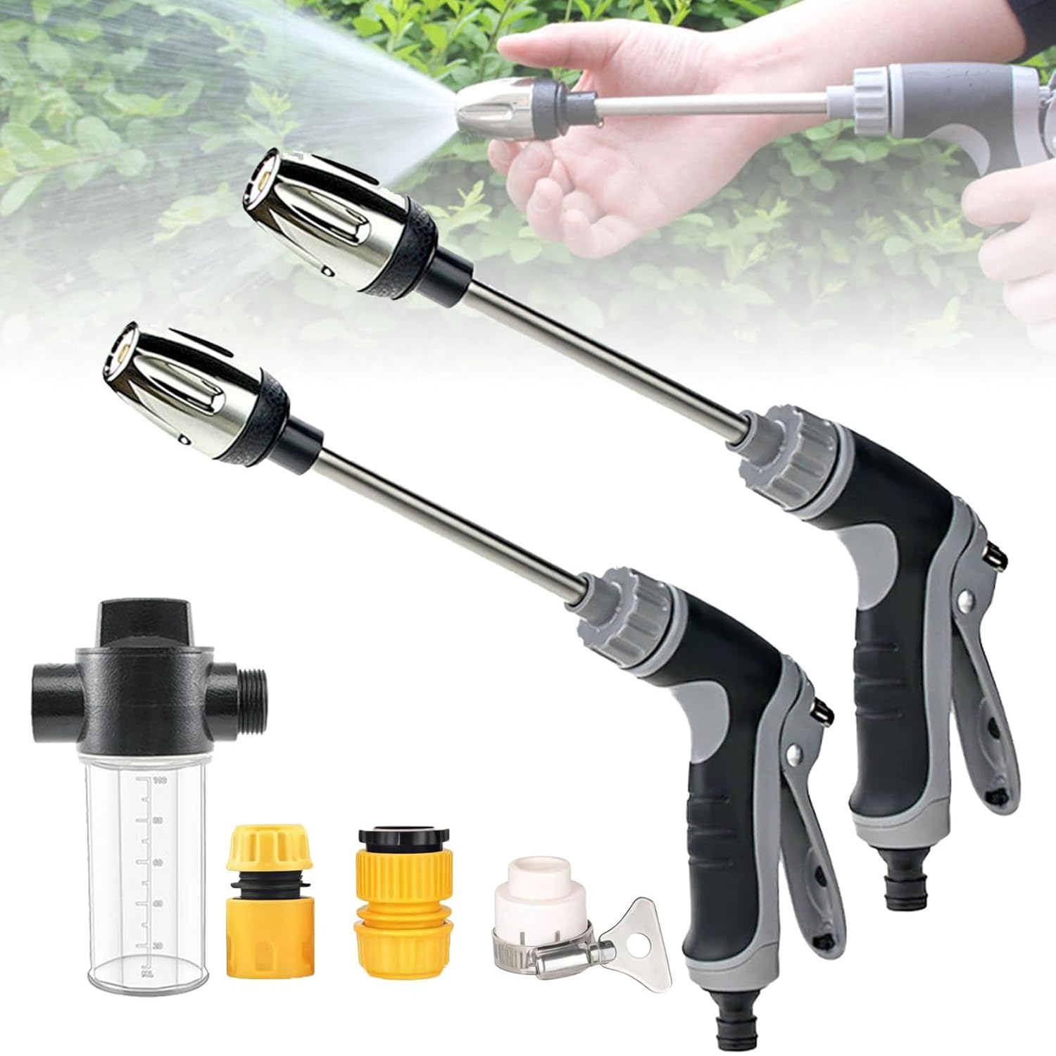 Peamoo 2Pcs 360° High Pressure Washer Gun, High Pressure Nozzle With Long Rod And 3Pcs Plastic Joints, Foam Jug, Power Jet High-Pressure Gun For Garden, Car, Pet Showers (2Pcs)