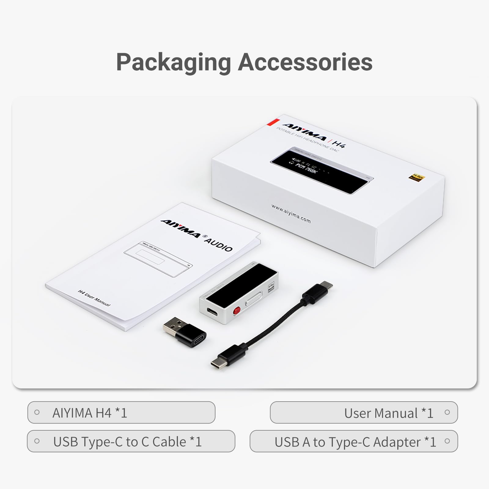 AIYIMA H4 USB-C przenośny Hi-Fi DAC wzmacniacz słuchawkowy z chipem ES9039Q2M, dwoma wyjściami słuchawkowymi (3,5 mm Single-Ended i 4,4 mm symetryczne), kompaktowy wzmacniacz DAC z wyświetlaczem do