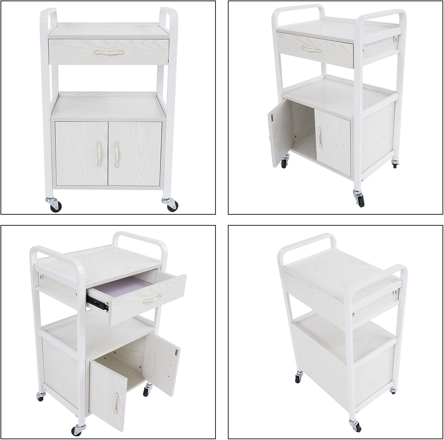 Beauty Salon Storage Trolley Cart | Spa Free Standing Storage Cabinet | Beauty Salon Storage Cabinet Side Table | With 4 Wheels | 1-Drawer | 1 Cabinet | 2 Shelving Boards (White)