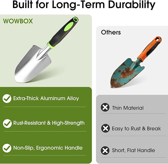 WOWBOX Garden Tools Set - 10 PCS, Heavy Duty Gardening Hand Tools Kit with Storage Tote, Rust-Resistant Gardening Supplies for Planting with Non-Slip Ergonomic Handle for Women and Men (Green)