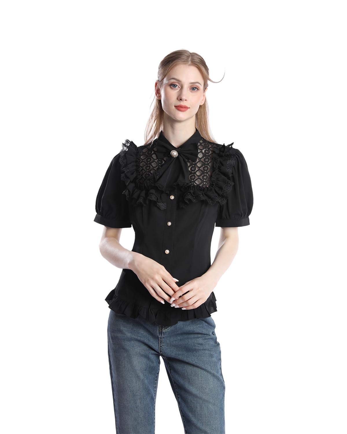 Fiamll Camicetta da donna vittoriana vintage con fiocco, colletto alto con volant a maniche lunghe, K-nero.